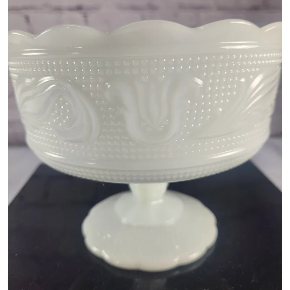 Vtg E.O. Brody Co. White Milk Glass Pedestal Compote bowl Cleveland Ohio